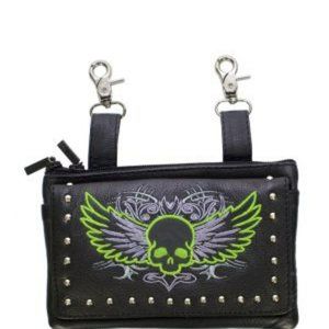 studded naked cowhide leather lime green skull belt bag